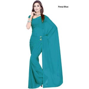 Premium Quality Chiffon Saree with Blouse Material Solid Plain Colour Ferozi Blue