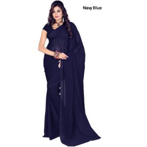 Premium Quality Chiffon Saree with Blouse Material Solid Plain Colour Navy Blue