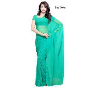 Premium Quality Chiffon Saree with Blouse Material Solid Plain Colour Sea Green